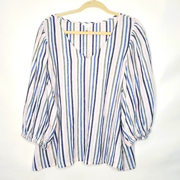 Caslon Linen Blend Striped Puff Sleeve Top Size XL V-Neck Popover Casual Coastal - Picture 1 of 12
